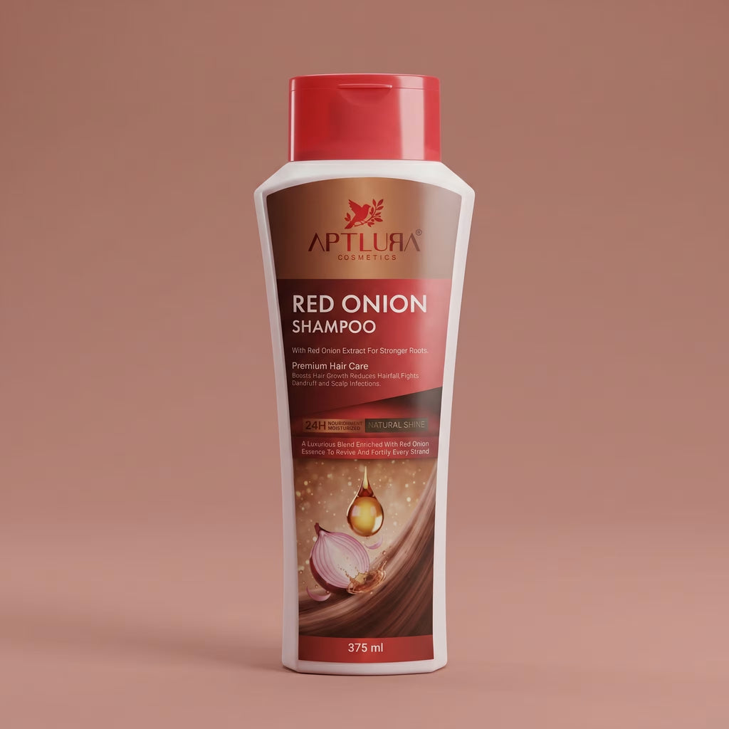 Aptlura Red Onion Shampoo bottle on a brown background