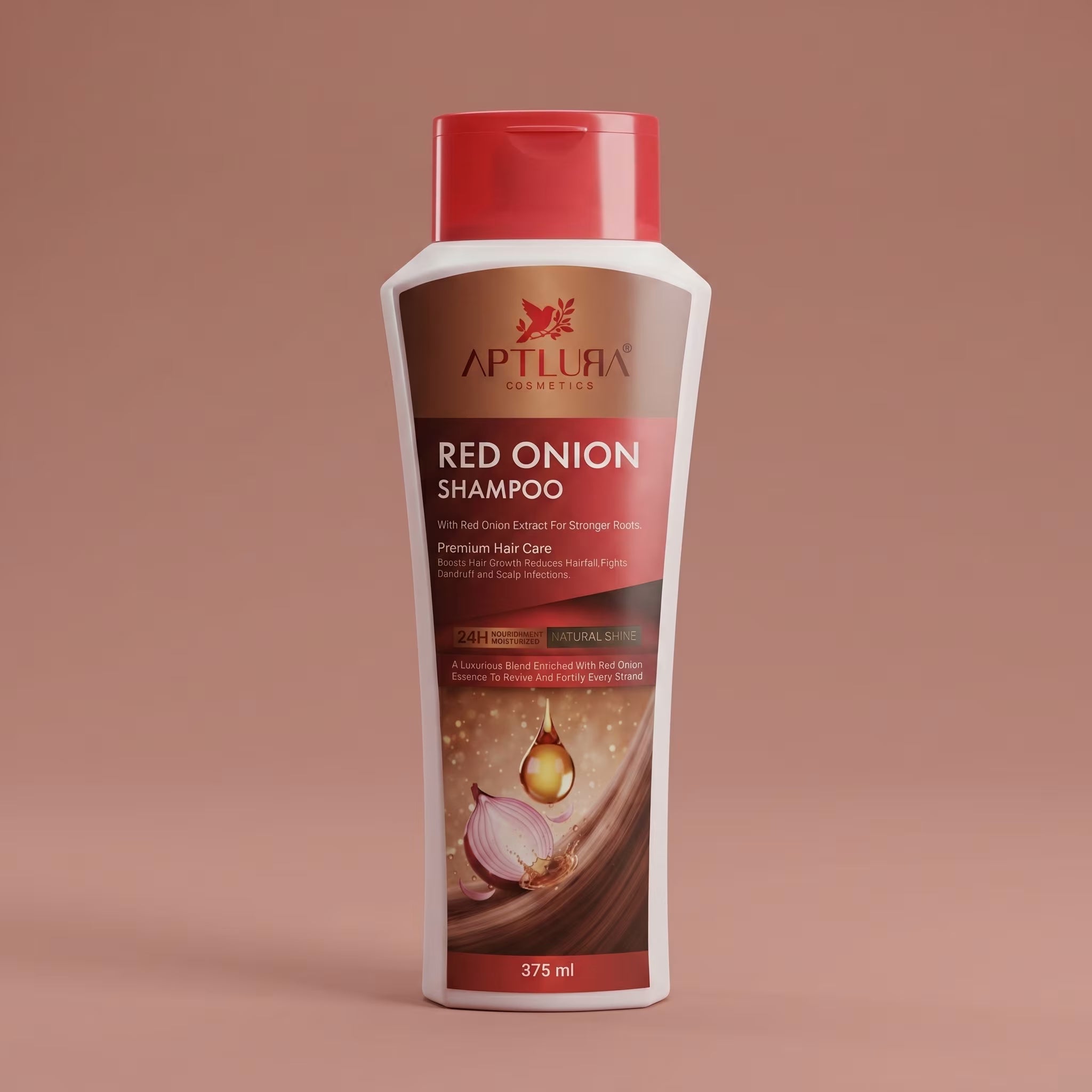 Aptlura Red Onion Shampoo bottle on a brown background