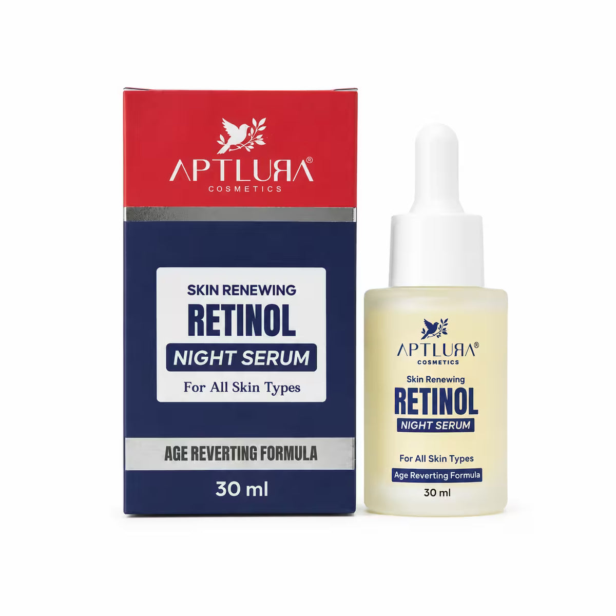 Aptlura Cosmetics Skin Renewing Retinol Night Serum 30ml bottle next to its red and navy blue retail box on a white background.