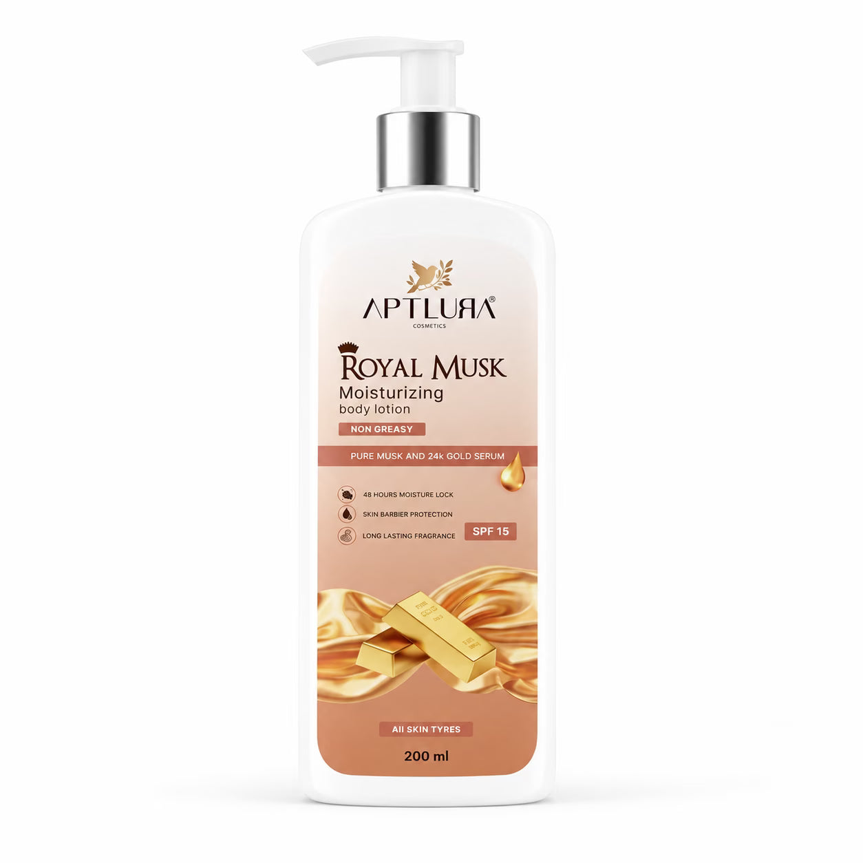 Aptlura Royal Musk Moisturizing body lotion on a white background