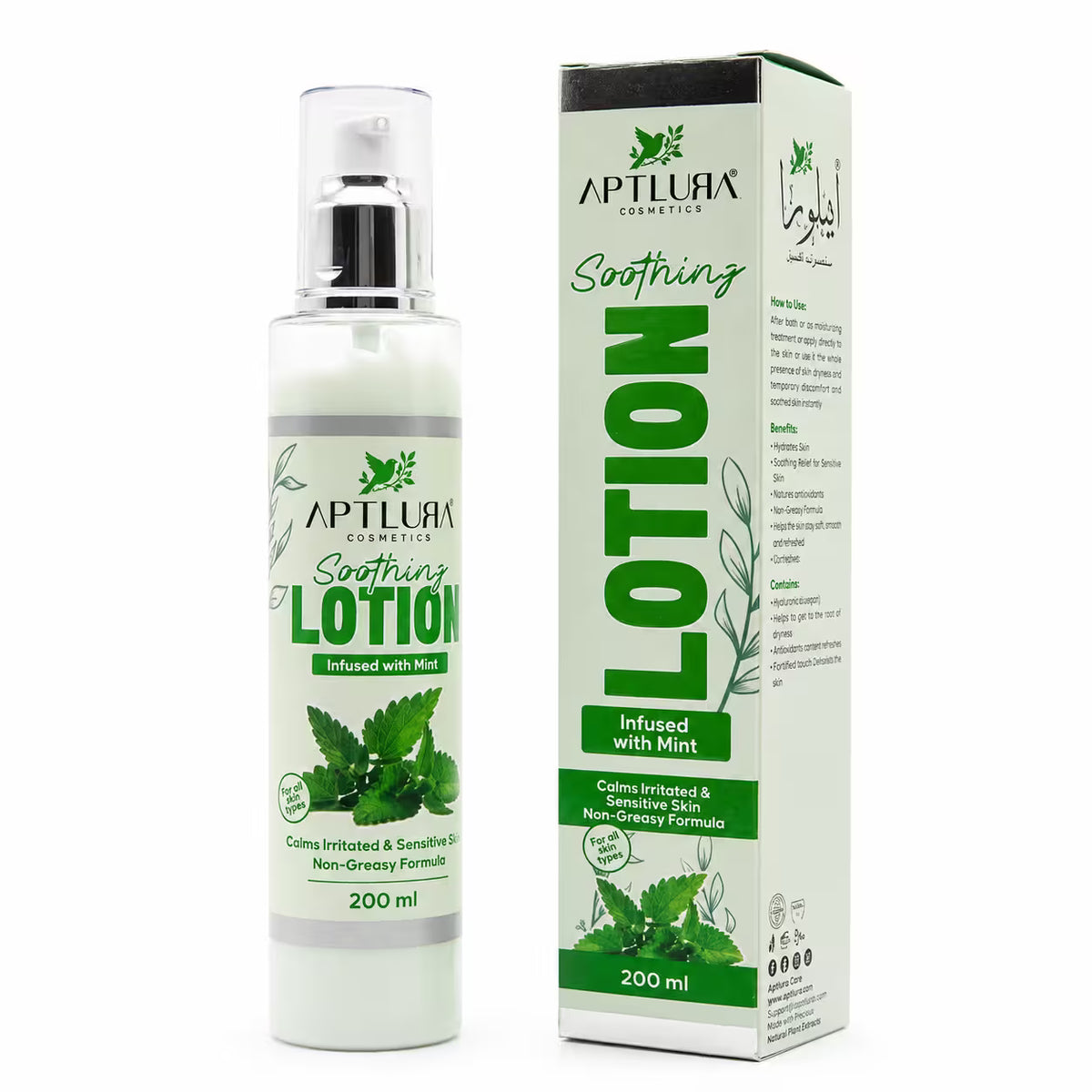 A bottle and box of APTLURA COSMETICS Soothing Lotion, Infused with Mint, shown on a plain white background.