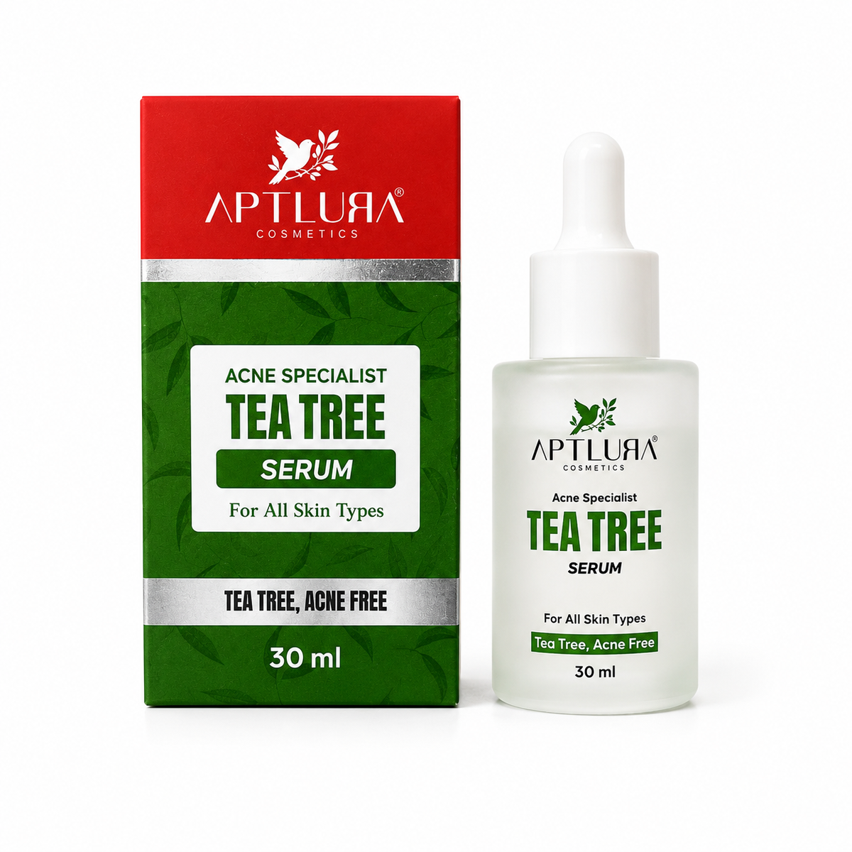 Aptlura Cosmetics Tea Tree Serum 30ml bottle next to its green and red retail box, displayed on a clean white background.