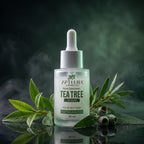 Tea tree serum bottle with green leaves on a dark background