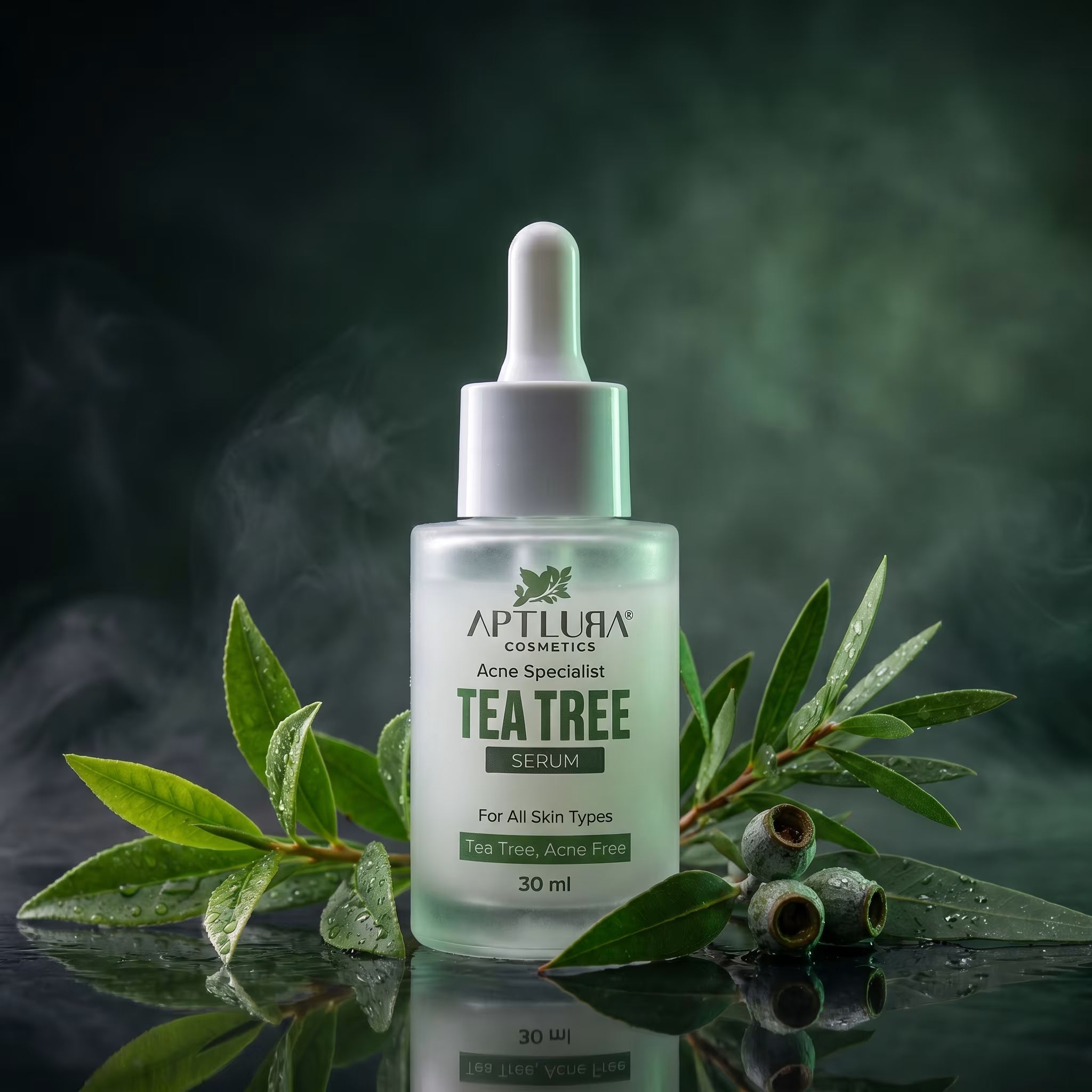 Tea tree serum bottle with green leaves on a dark background
