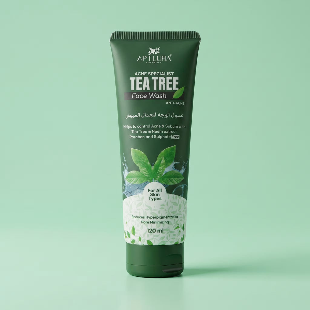 Tube of Aptlura Tea Tree Face Wash on a light green background