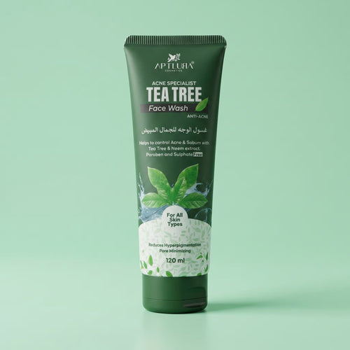 Tube of Aptlura Tea Tree Face Wash on a light green background