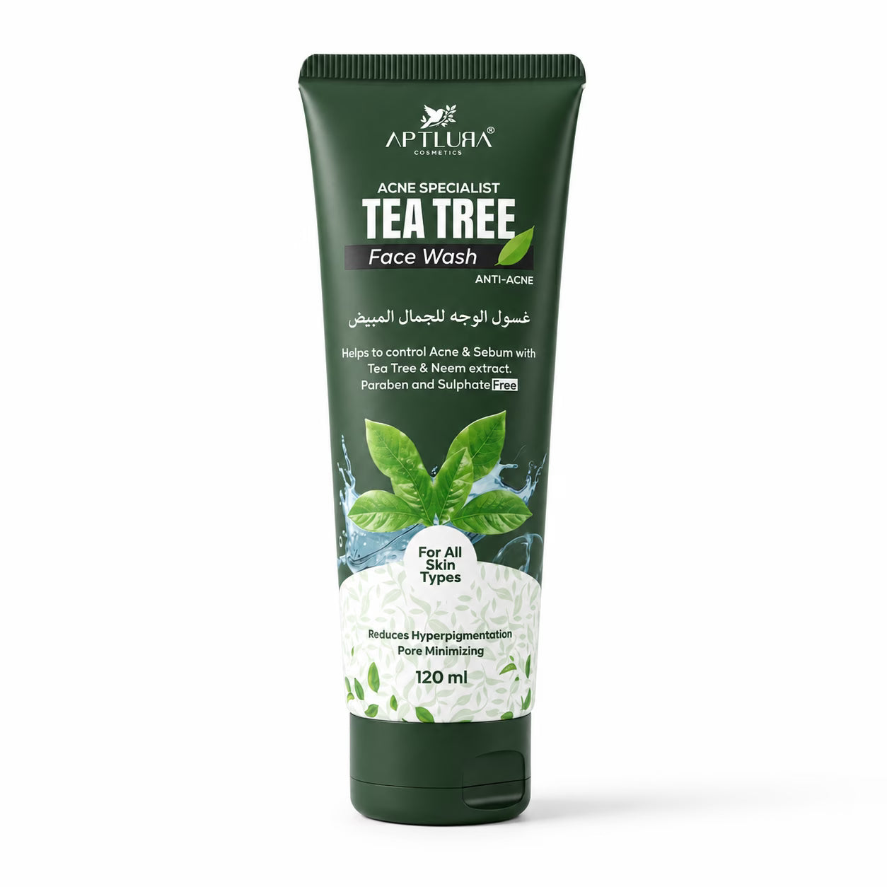 Tube of AptLURA Tea Tree Face Wash on a white background