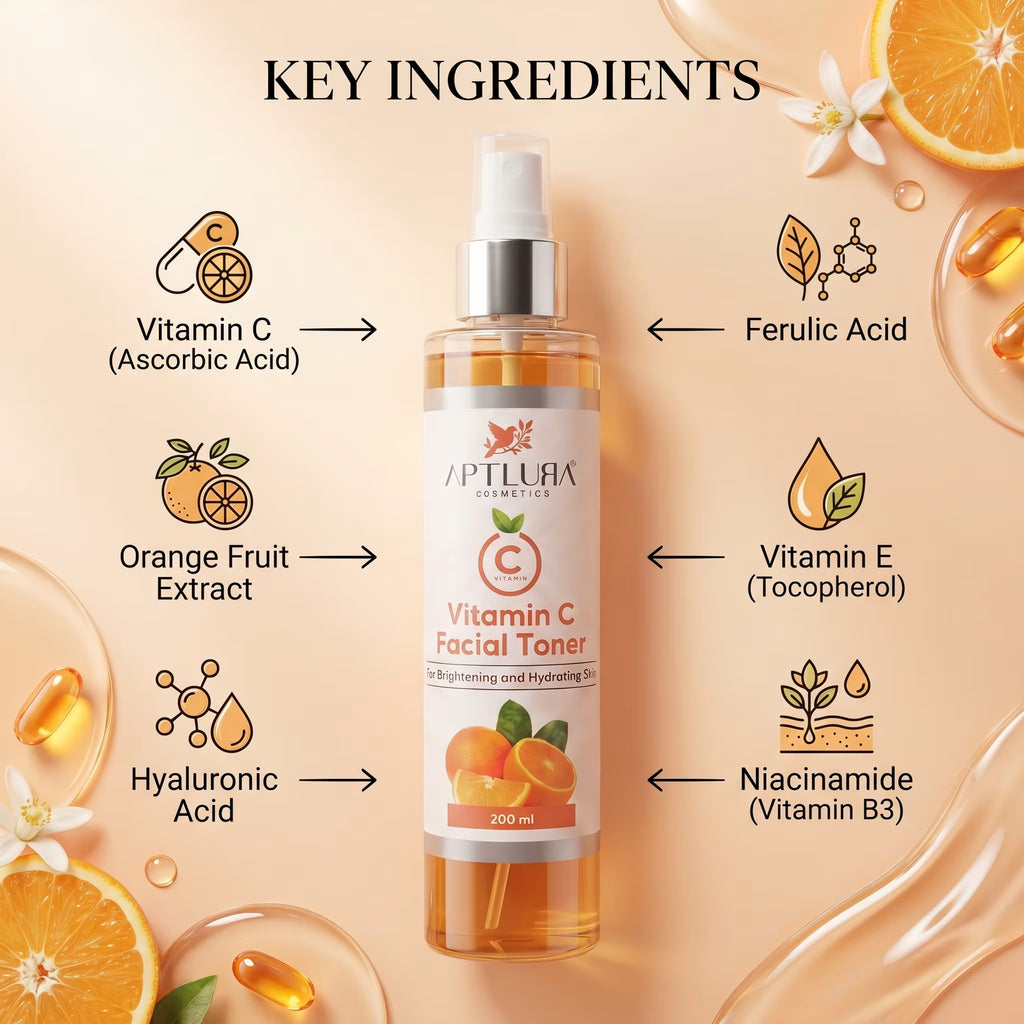 Aptlura Vitamin C Facial Toner with key ingredients labeled on a peach-colored background.