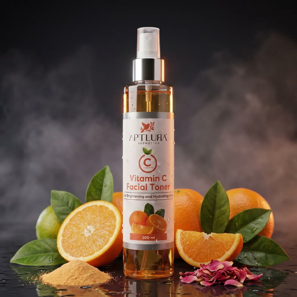 Aptura Vitamin C Facial Toner bottle with oranges and leaves on a dark background