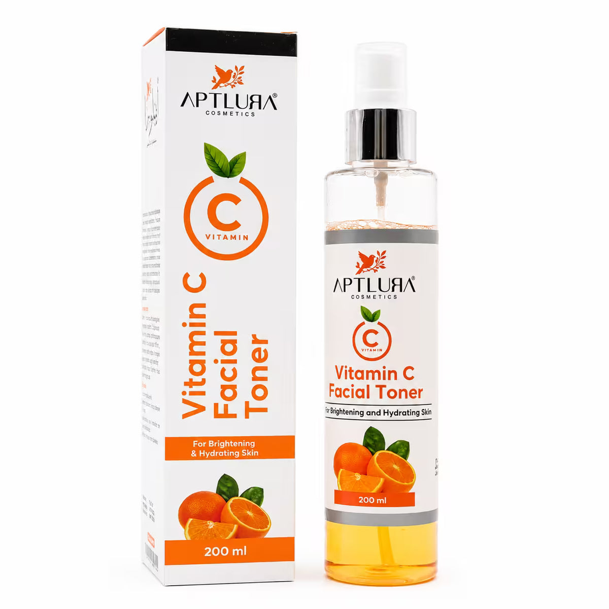 A bottle and box of APTLURA Cosmetics Vitamin C Facial Toner, featuring orange graphics and a clear bottle showing the yellow-orange liquid inside, set against a plain white background.
