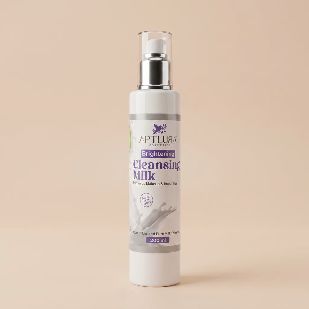 Cleansing milk bottle with a beige background