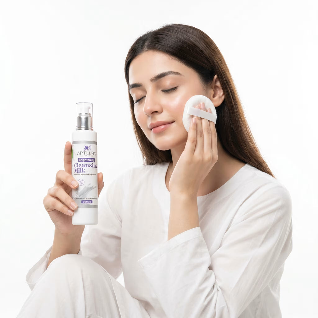 Woman applying facial cleanser with a bottle of Aptlura Cleansing Milk on a white background