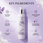 Cleansing milk bottle with key ingredients on a purple background