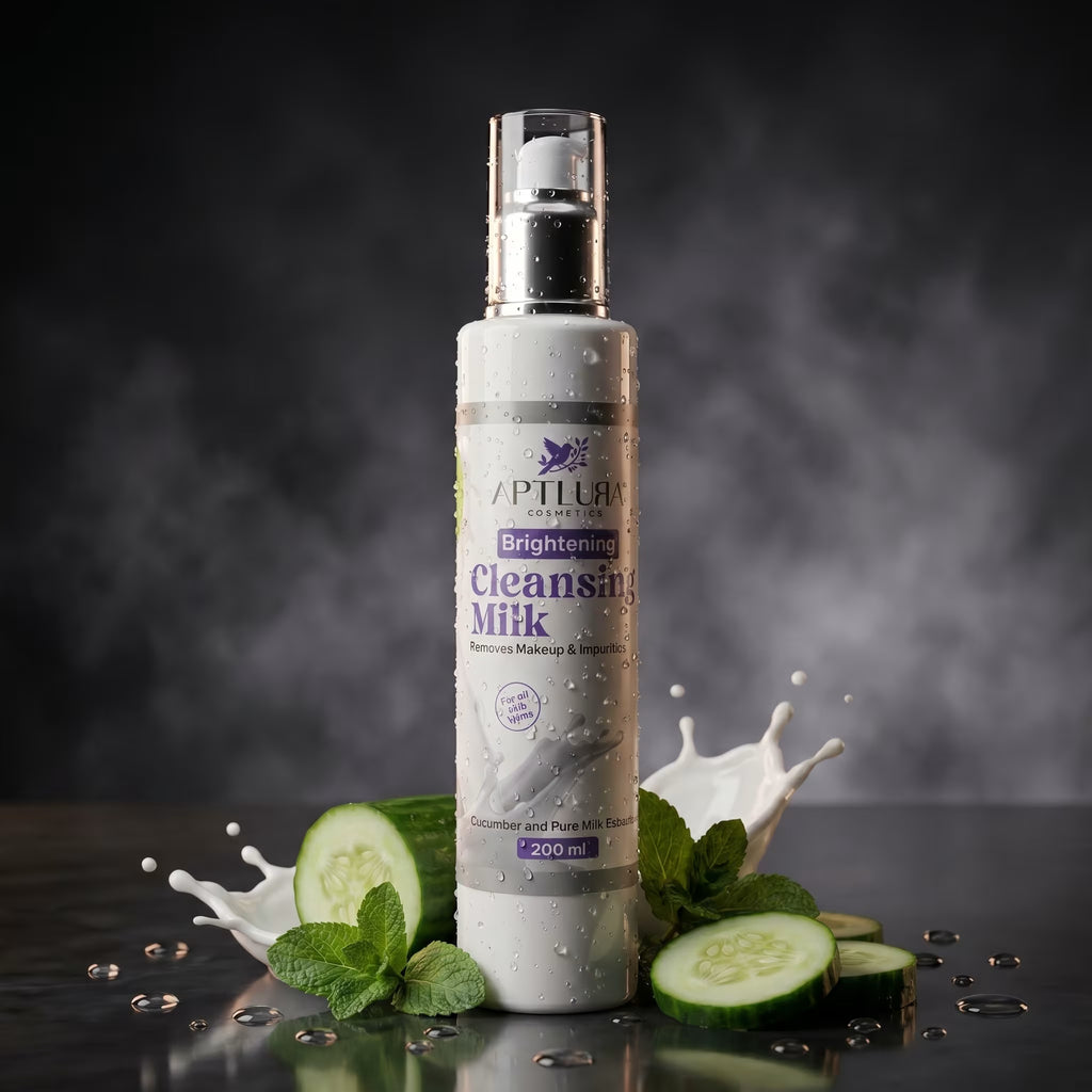 Bottle of Aptlura Brightening Cleansing Milk with cucumbers and mint leaves on a dark background