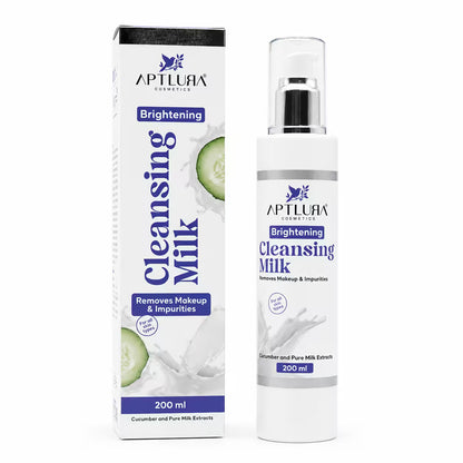 A bottle and box of APTLURA Cosmetics Brightening Cleansing Milk, 200 ml, shown on a clean white background. The packaging is white with blue and purple text, and cucumber graphics.