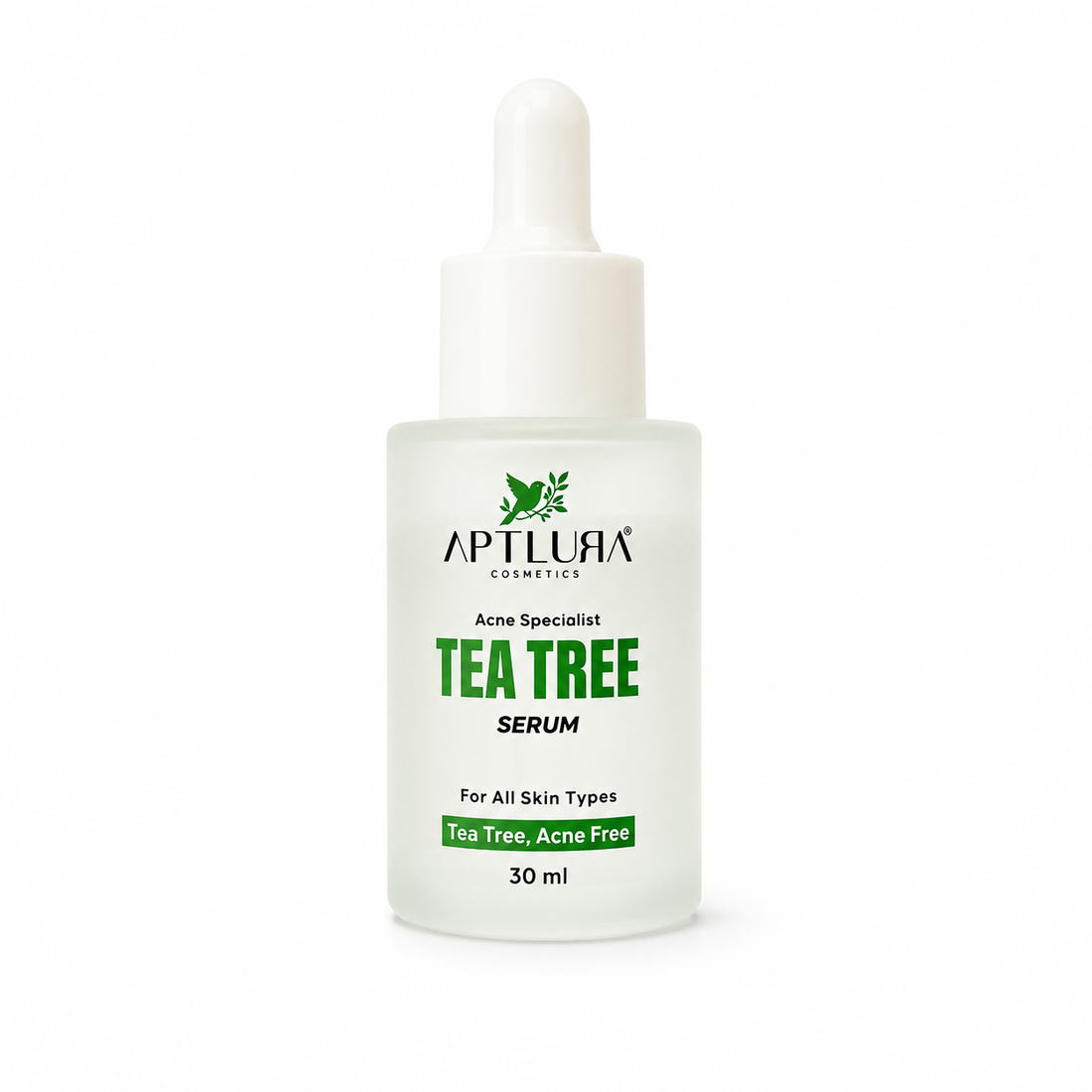 A 30 ml dropper bottle of Aptlura Cosmetics Tea Tree Serum, featuring a frosted glass bottle, white dropper cap, and a white label with green text and logo, set against a plain white background.