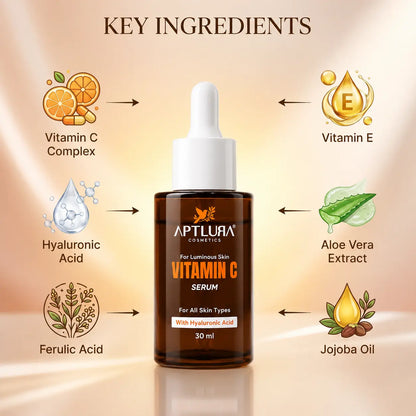 A bottle of APTLURA Cosmetics Vitamin C Serum centered on a warm beige gradient background with ingredient callouts around it: Vitamin C Complex, Vitamin E, Hyaluronic Acid, Aloe Vera Extract, Ferulic Acid, and Jojoba Oil.