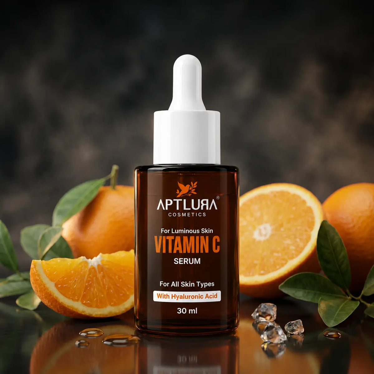A bottle of APTLURA COSMETICS Vitamin C Serum with a white dropper cap, set against a dark smoky background and styled with fresh orange slices, green leaves, and ice crystals on a reflective surface.