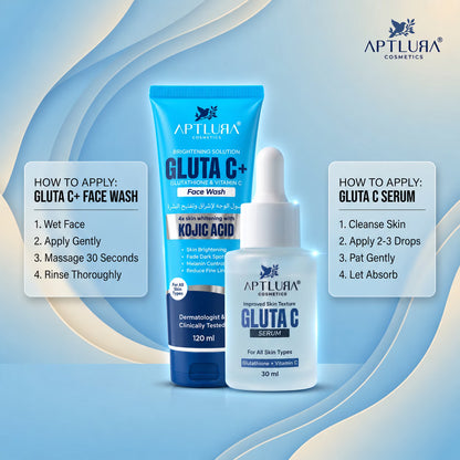 Aptlura Cosmetics Gluta C+ Face Wash and Gluta C+ Serum set on a light blue and white wavy background, with text overlays detailing how to apply the products.