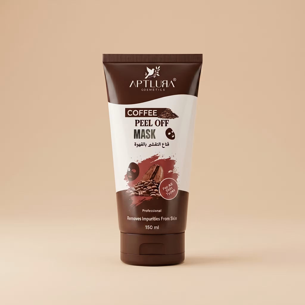 Coffee peel off mask tube with Aptlura Cosmetics branding on a beige background