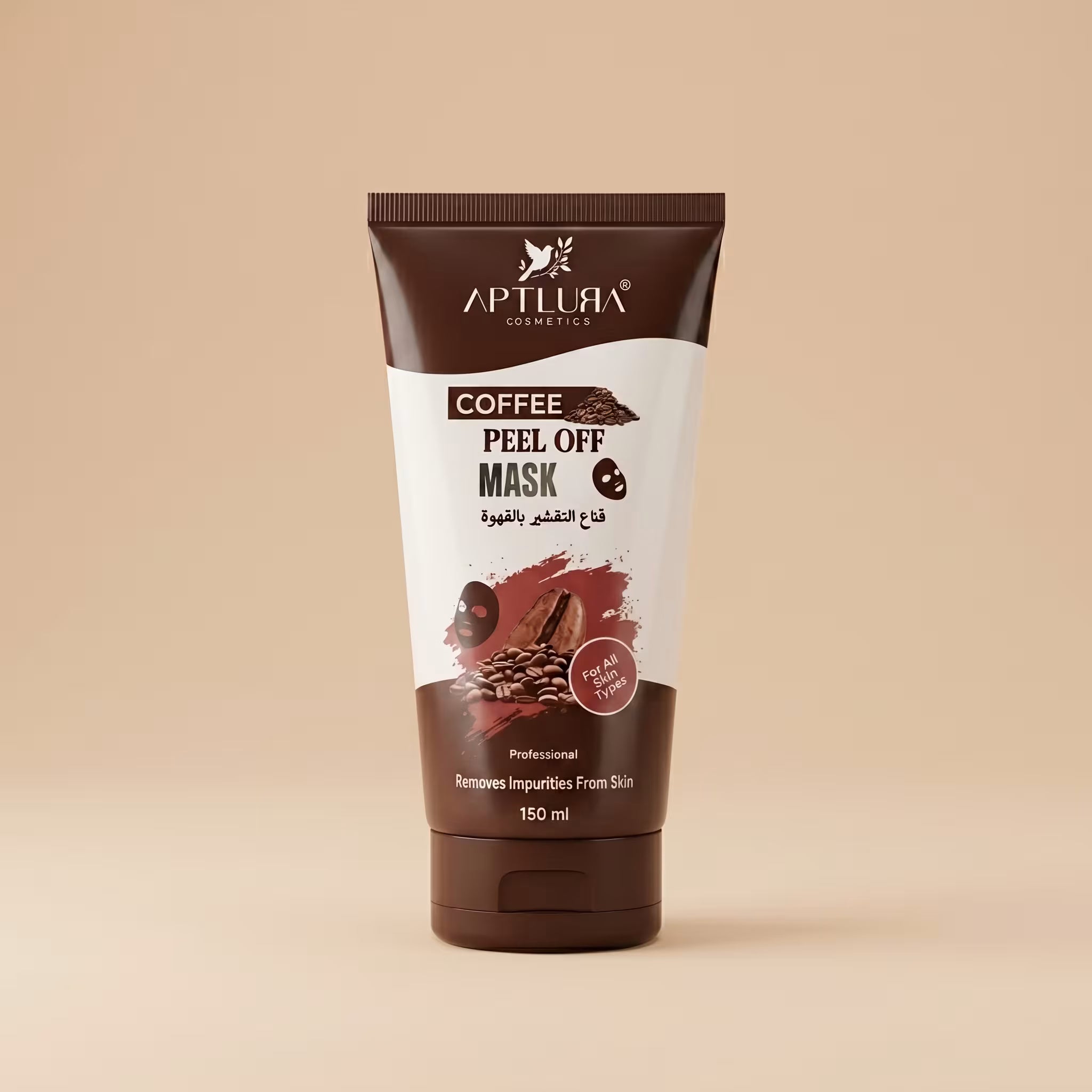 Coffee peel off mask tube with Aptlura Cosmetics branding on a beige background