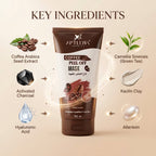 Coffee peel off mask with key ingredients displayed on a beige background