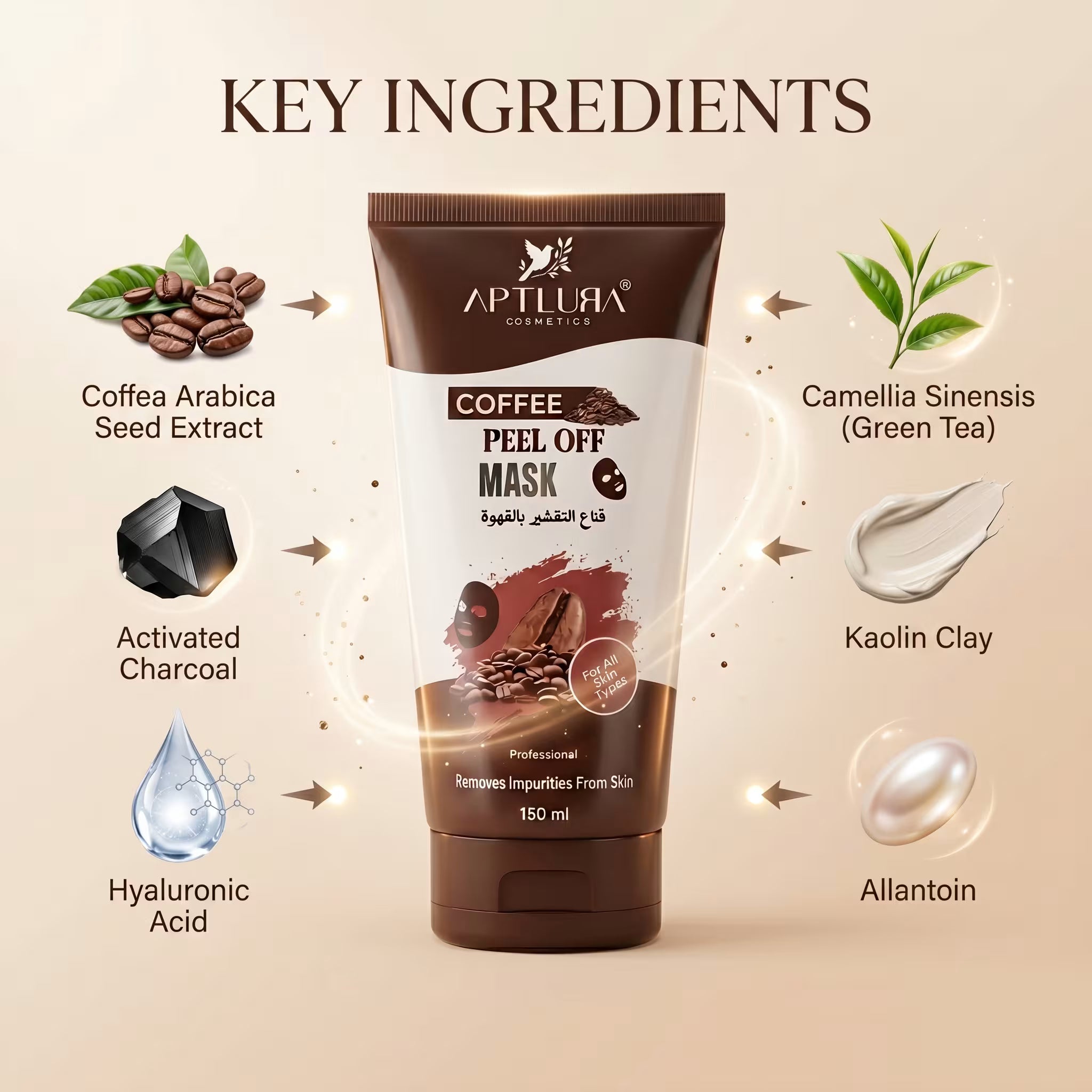 Coffee peel off mask with key ingredients displayed on a beige background