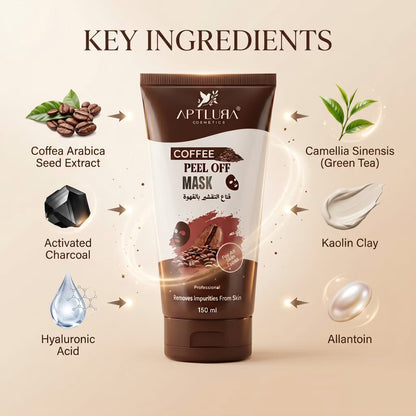 Coffee peel off mask with key ingredients displayed on a beige background
