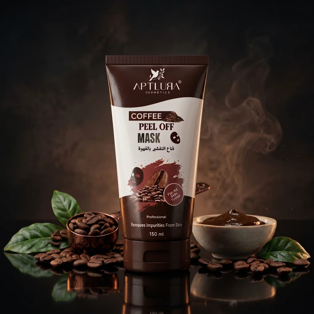 Coffee peel off mask with coffee beans and leaves on a dark background