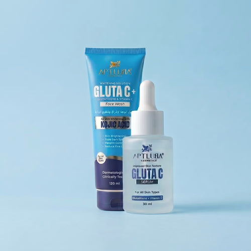 Aptlura Gluta C skincare products on a light blue background
