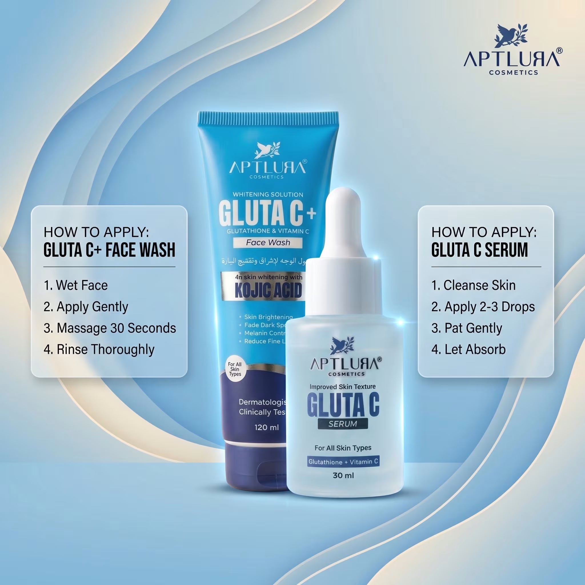Aptlura Gluta C+ Face Wash and Serum with application instructions on a blue background