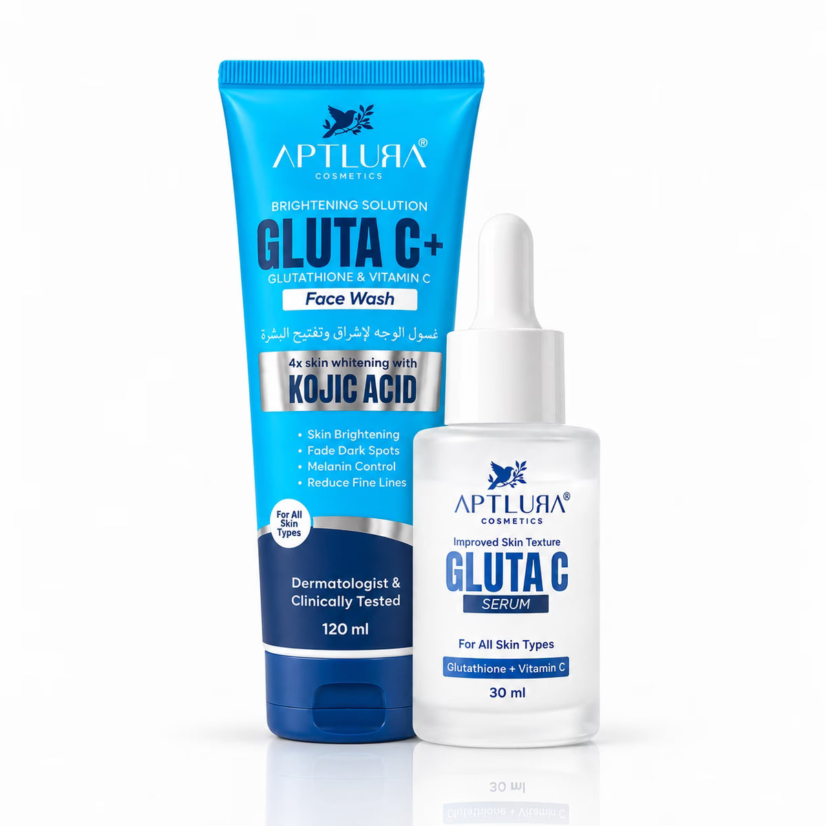 Aptlura Cosmetics Gluta C+ Face Wash tube in blue and white next to a Gluta C Serum dropper bottle in clear and white, on a white background.