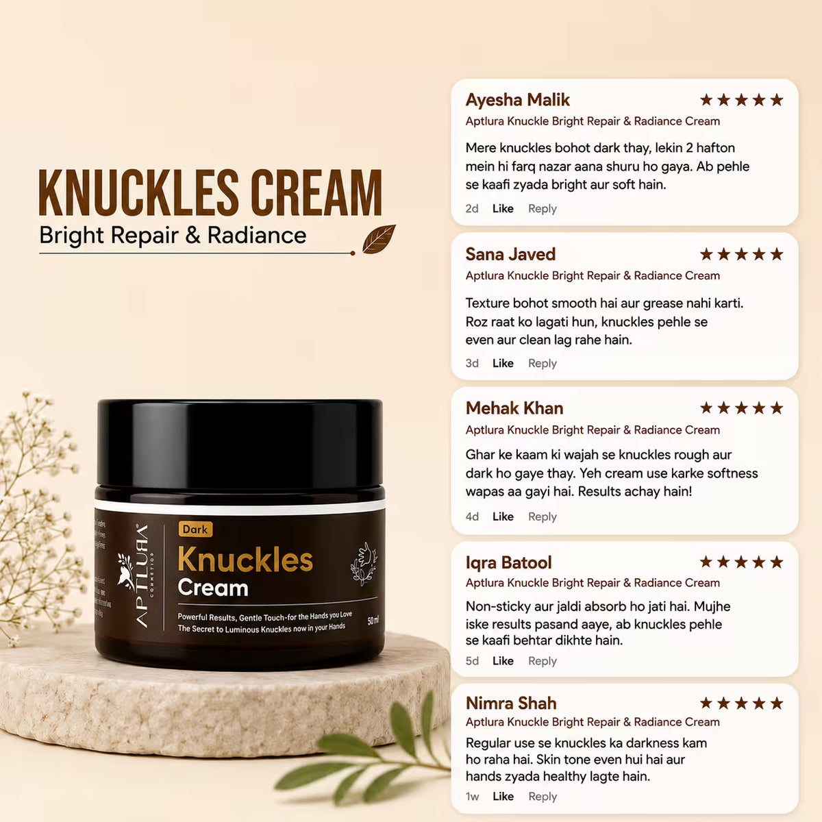 A jar of Aptlura Beauty Knuckles Cream is shown on a beige background with customer reviews on the right and product branding on the left.