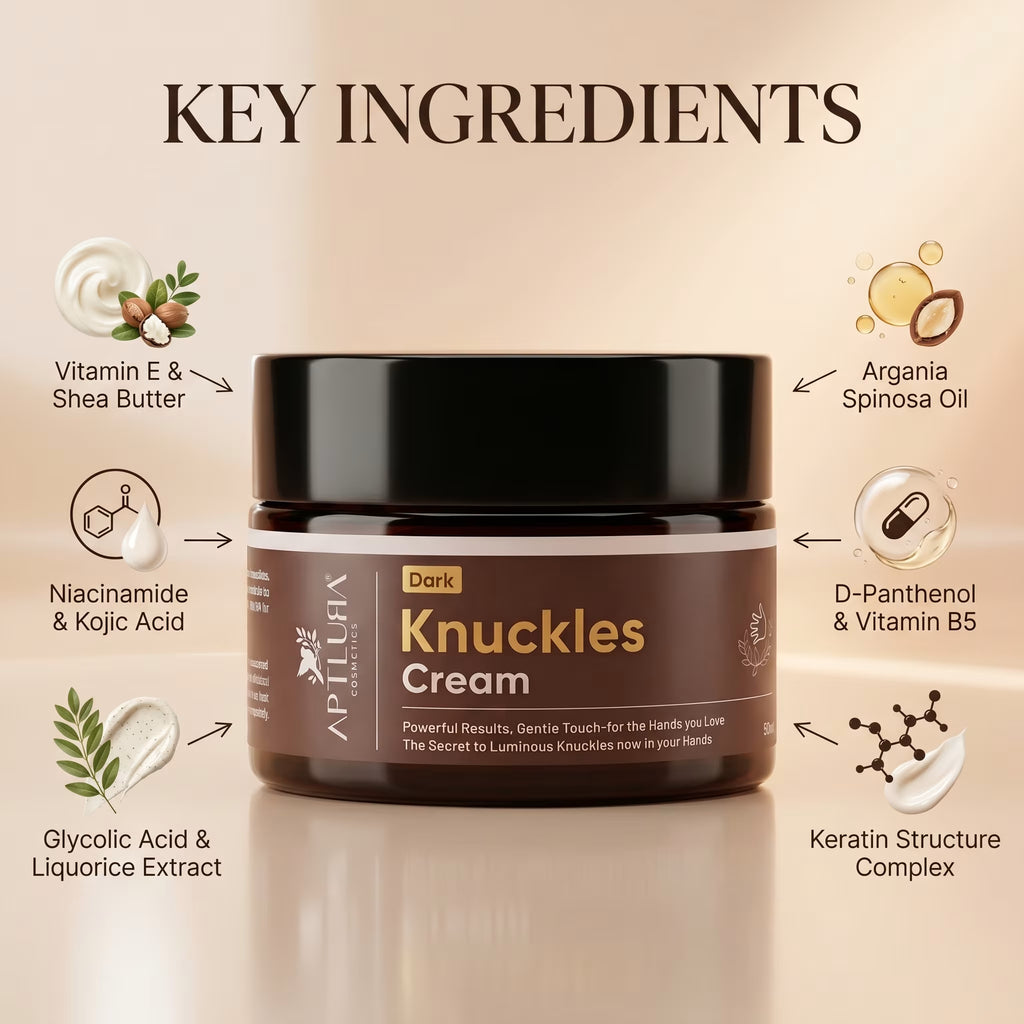 Knuckles cream jar with key ingredients listed on a beige background