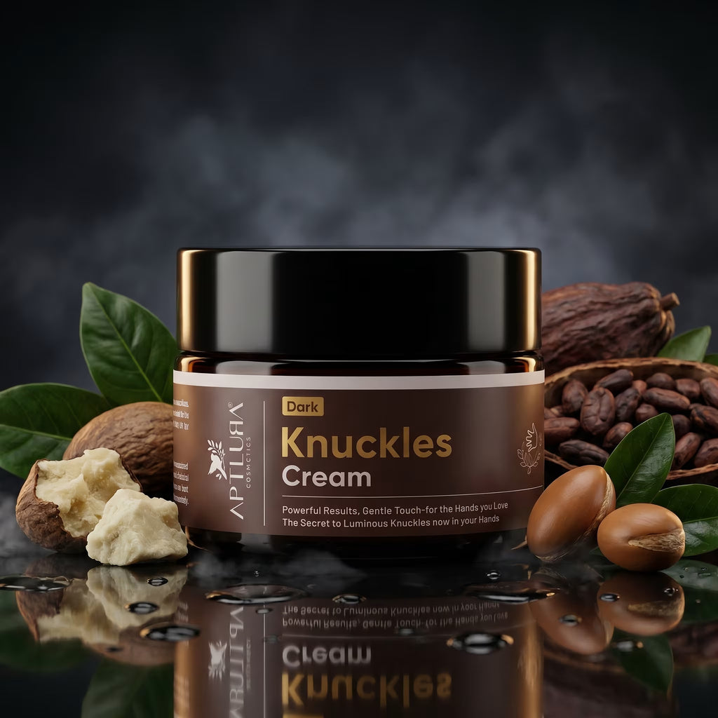 Jar of Dark Knuckles Cream surrounded by nuts and leaves on a reflective surface with a dark background