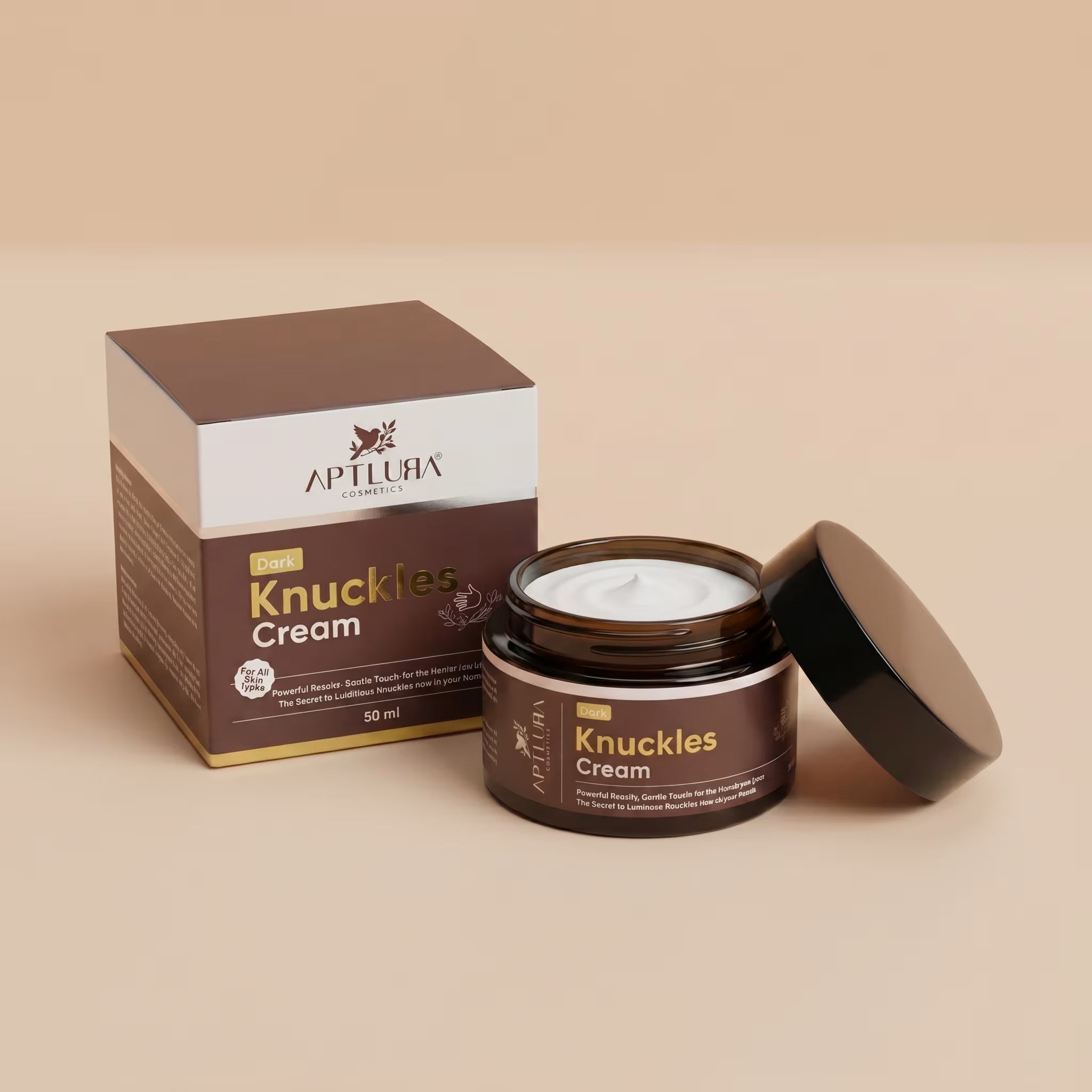 Aptlura Knuckles Cream jar and box on a beige background