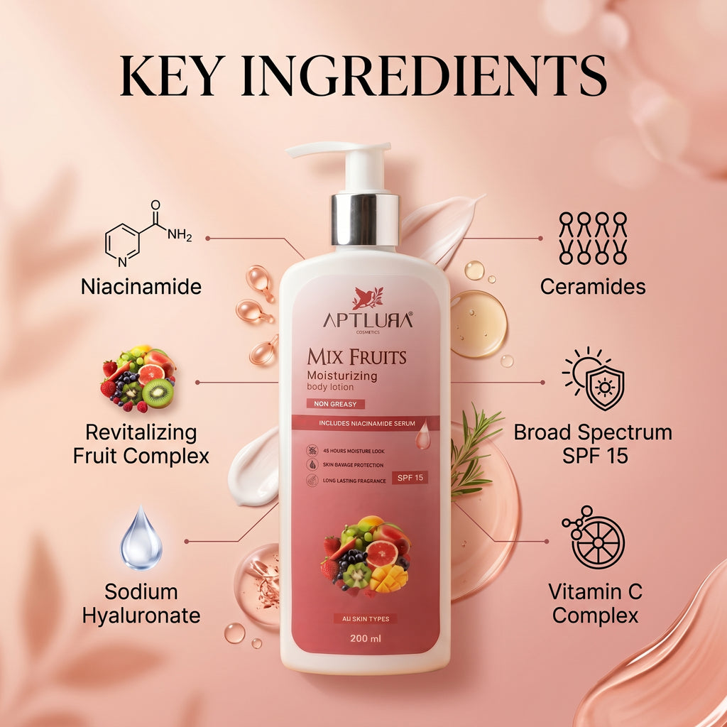 Aptlura Mix Fruits moisturizing body lotion with key ingredients on a pink background