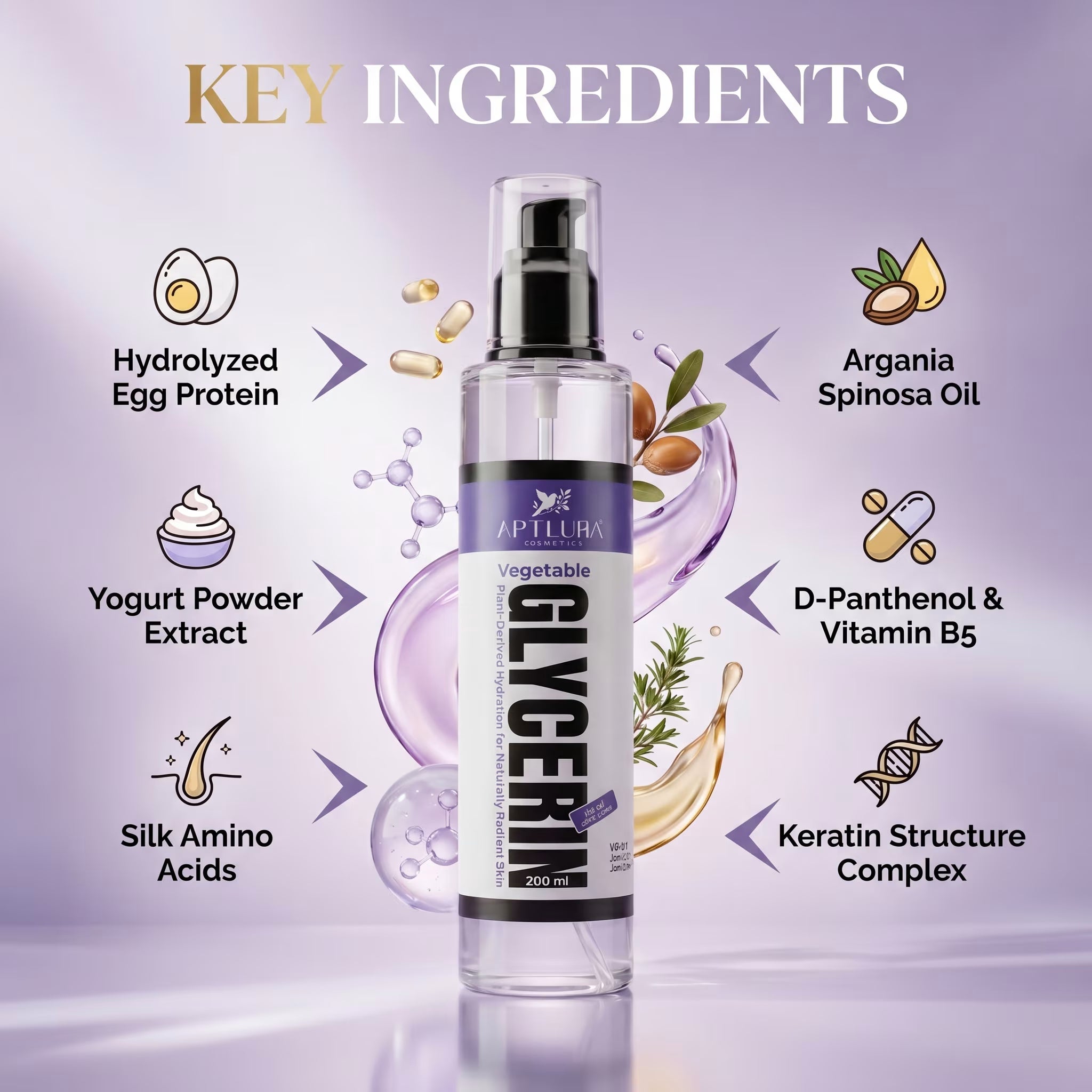 Aptlura Vegetable Glycerin bottle with key ingredients displayed on a purple background