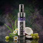 Bottle of vegetable glycerin with natural elements on a dark background