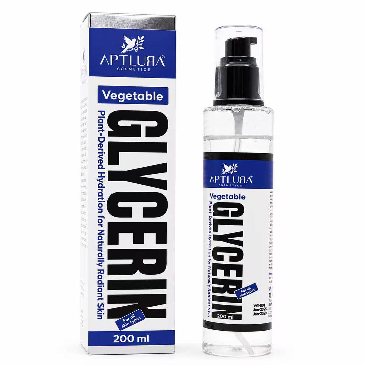 A bottle and box of APTLURA COSMETICS Pure Vegetable Glycerin, shown on a plain white background.