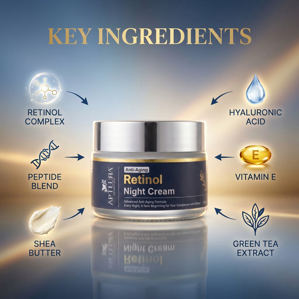 Retinol Night Cream with key ingredients displayed on a gradient background