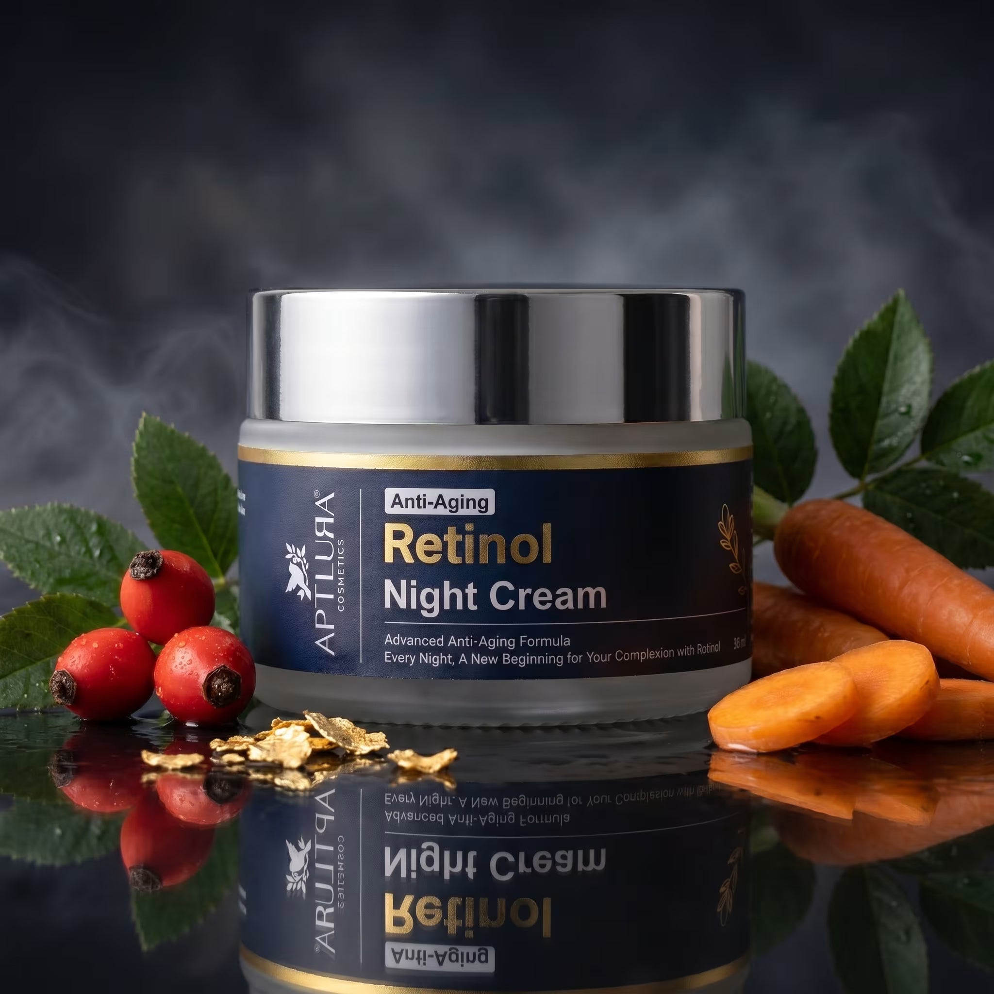 Anti-aging retinol night cream jar with carrots and berries on a dark background