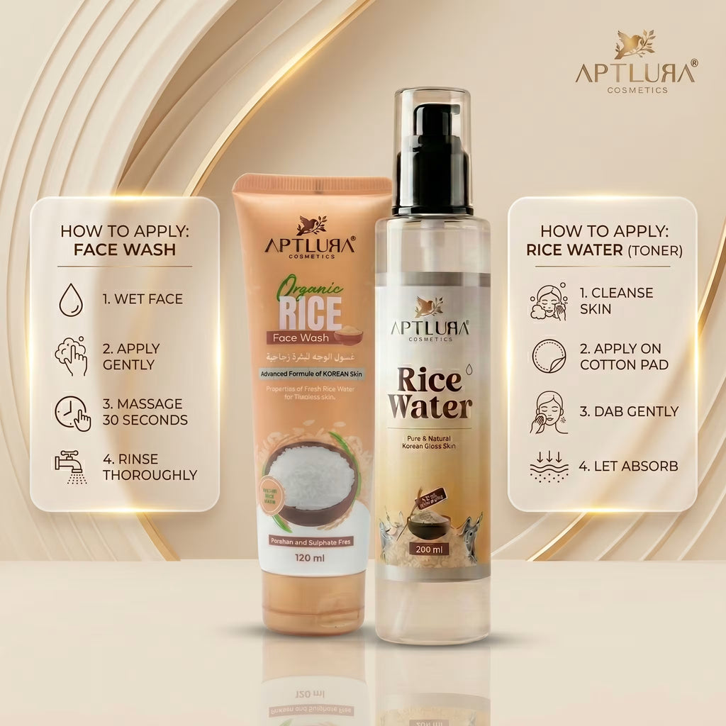 Aptlura Rice Face Wash and Rice Water toner with application instructions on a beige background.