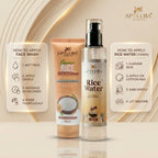 Aptlura Rice Face Wash and Rice Water toner with application instructions on a beige background.