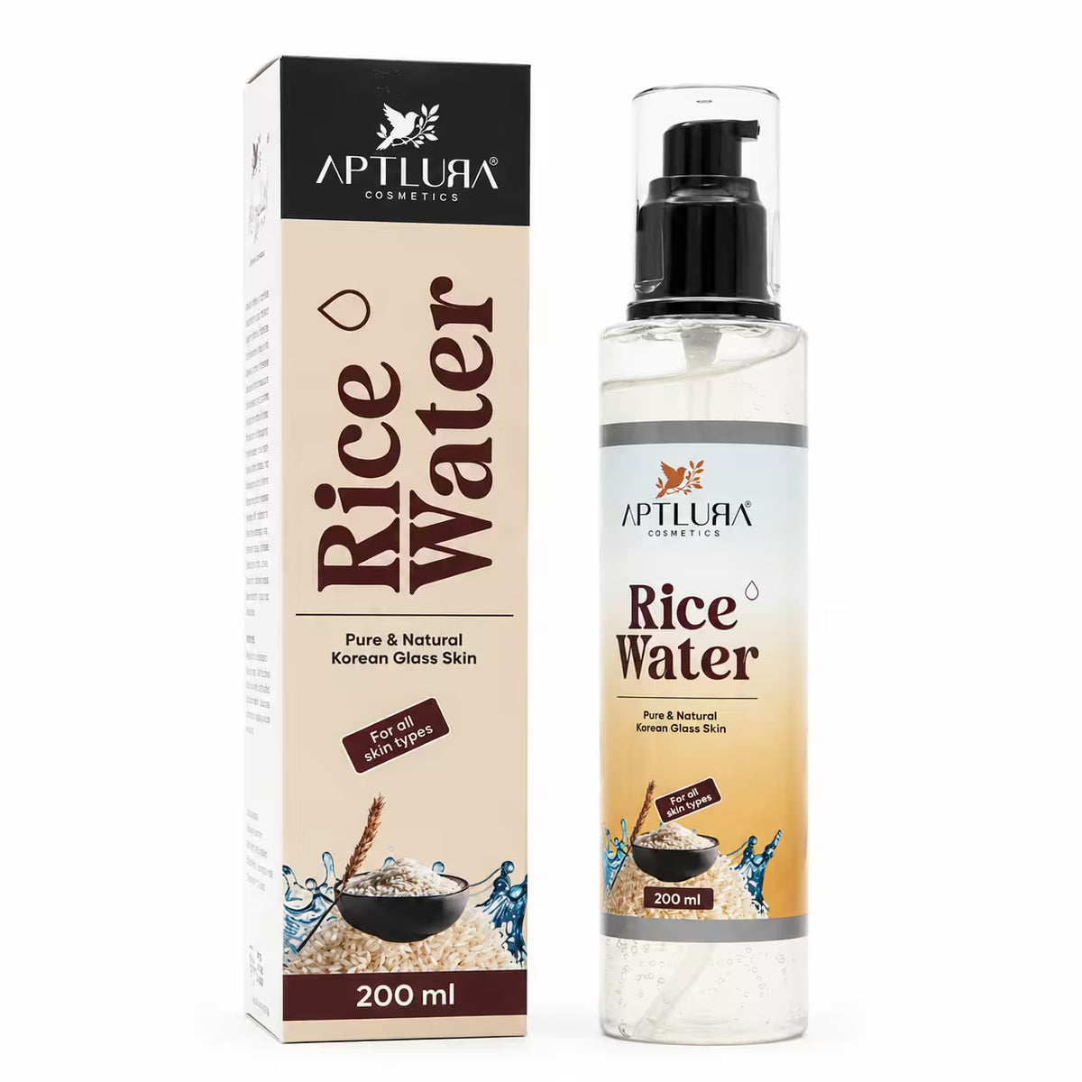 A bottle and box of Aptura Cosmetics Rice Water, 200 ml, shown on a plain white background. The packaging features a beige and brown design with illustrations of rice and water splashes.