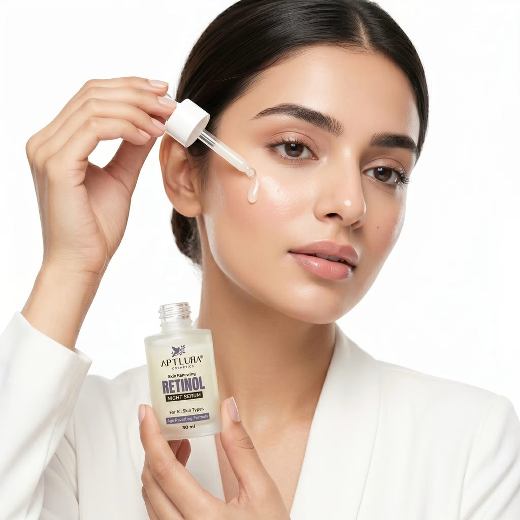 Woman applying a skincare product with a dropper to her face, holding a bottle labeled 'Retinol'.