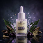 Aptlura Cosmetics Retinol Night Serum bottle with dropper on a dark background with leaves and berries.