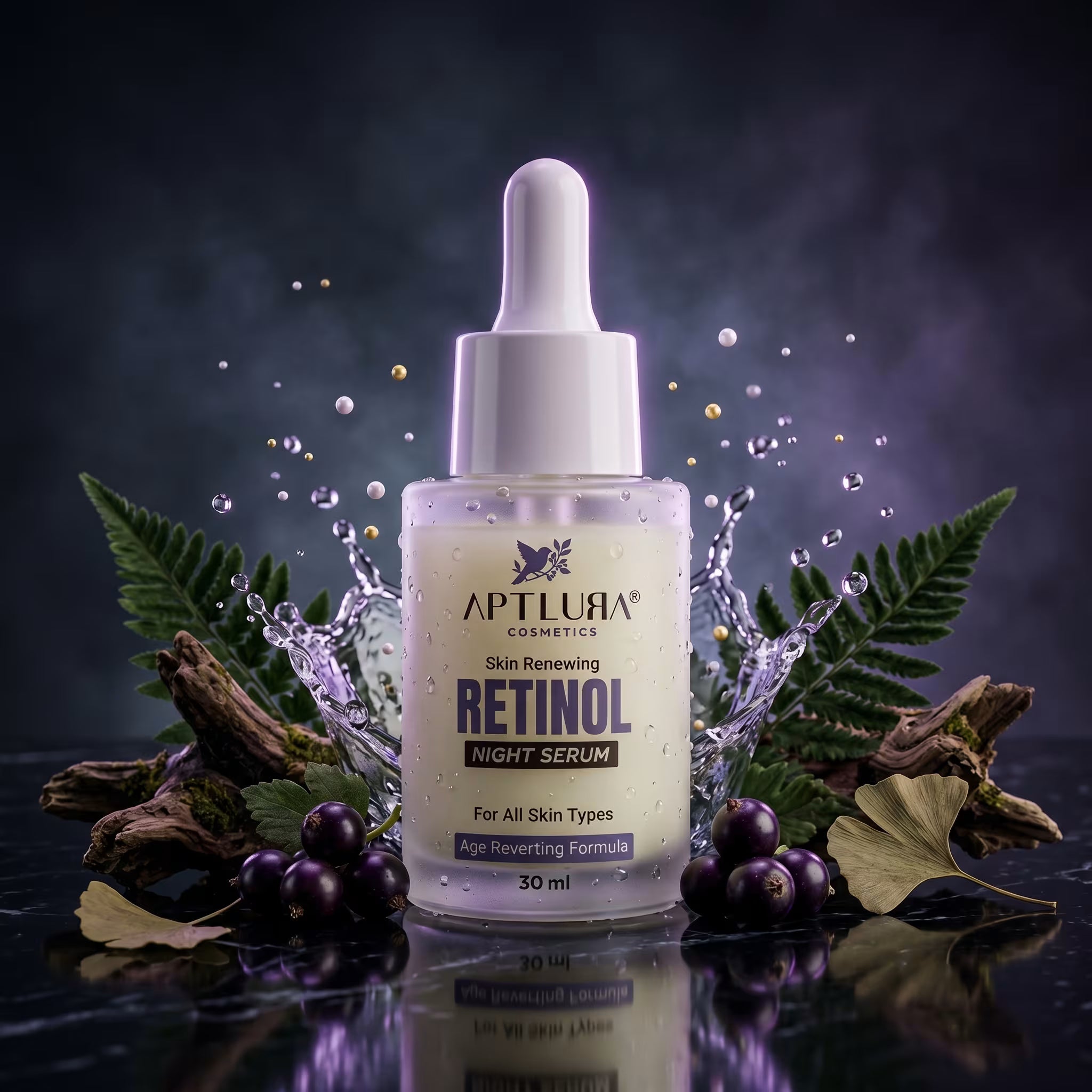 Aptlura Cosmetics Retinol Night Serum bottle with dropper on a dark background with leaves and berries.