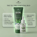 Aptlura Tea Tree Essential Duo with face wash and serum on a green background