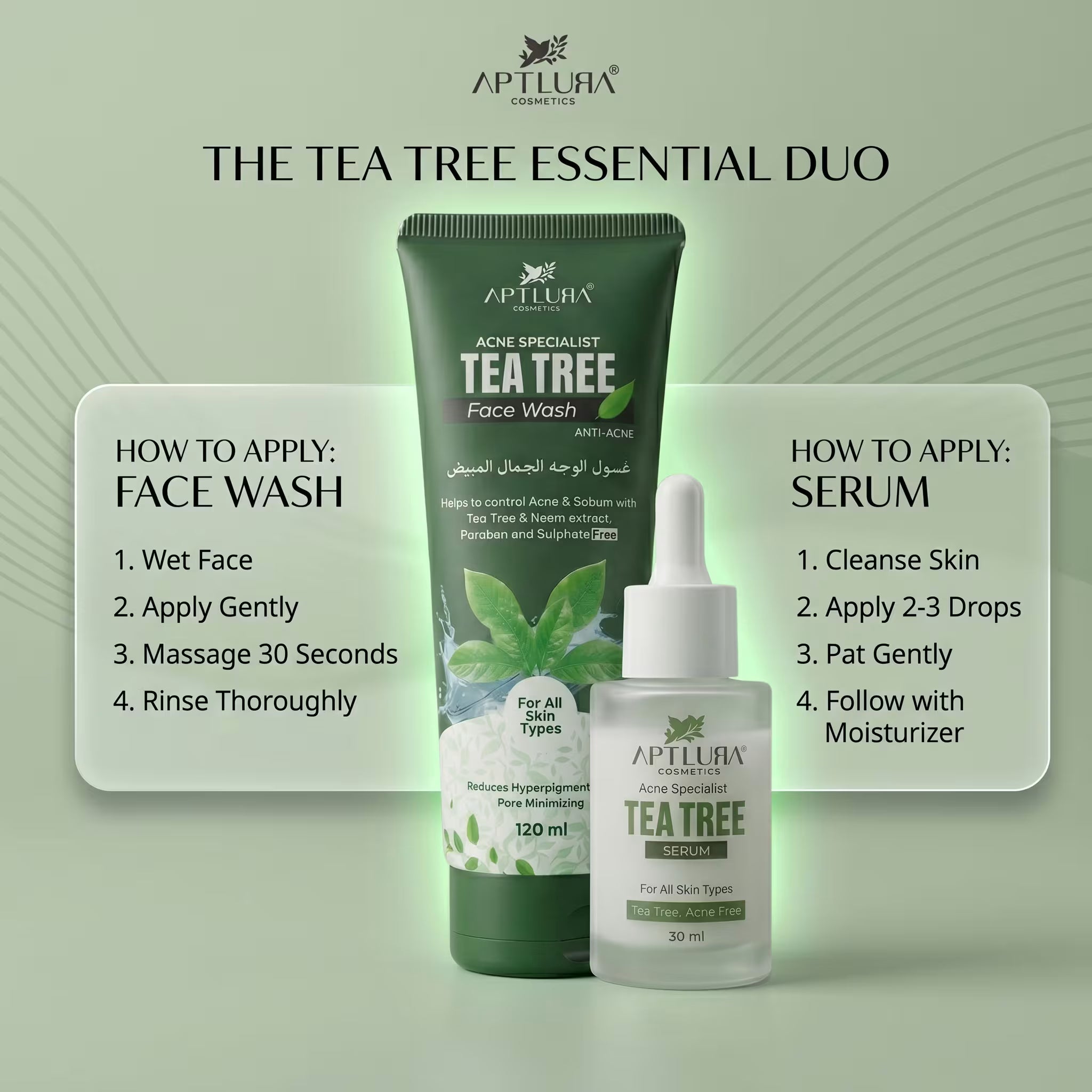 Aptlura Tea Tree Essential Duo with face wash and serum on a green background